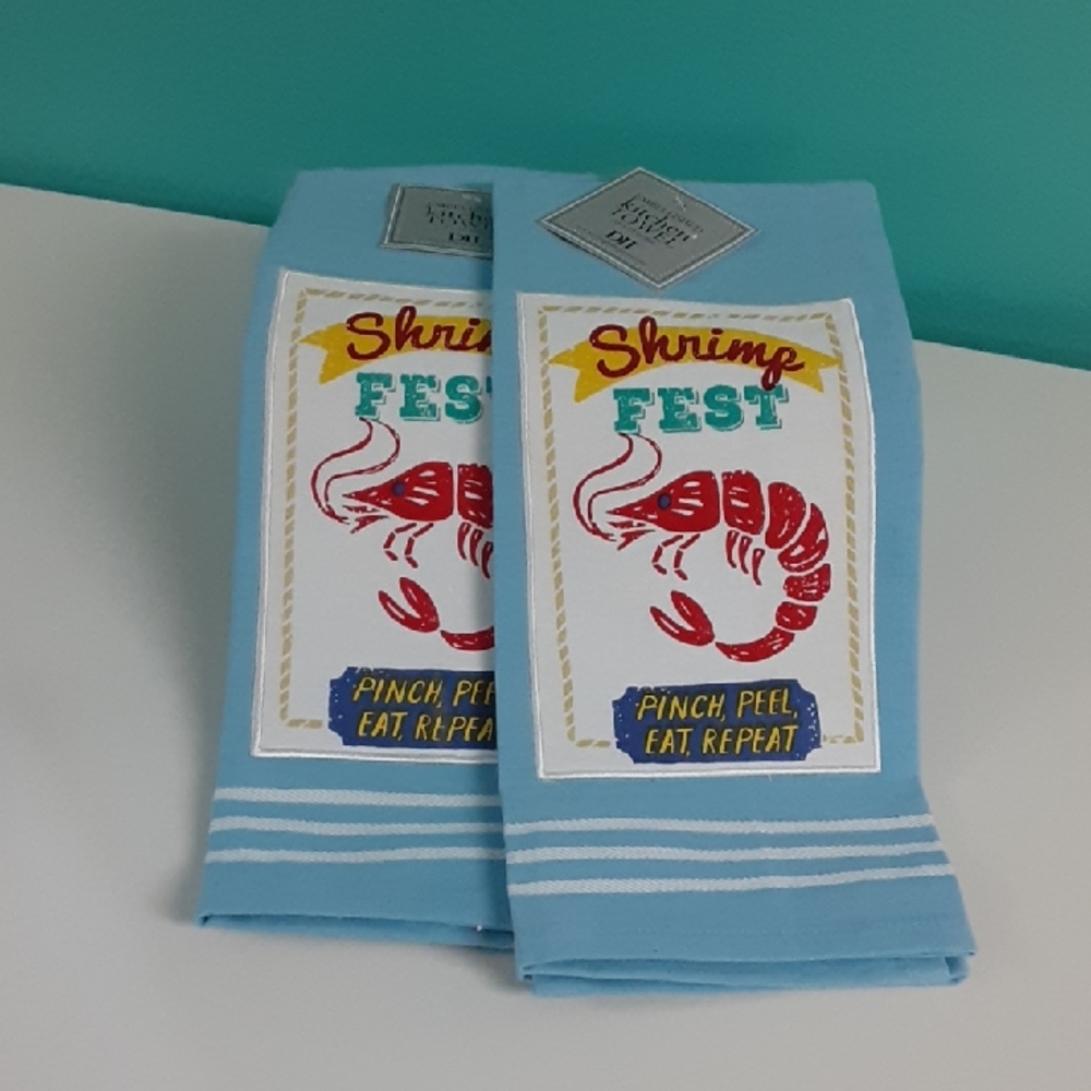 Shrimp Fest Kitchen Towels - Blue,  Set of 2, DII, Embellished, Summer Seafood